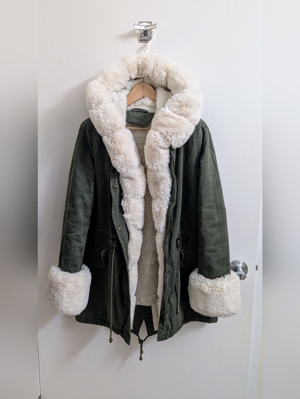 Olive Utility Jacket with Faux Fur Trim